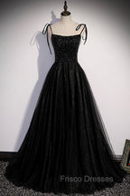 Black Tulle Beaded Long Formal Prom Dress, A-Line Spaghetti Straps Evening Dress
