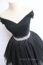 Black Tulle Beaded Short Formal Prom Dress, Off Shoulder Evening Party Dress
