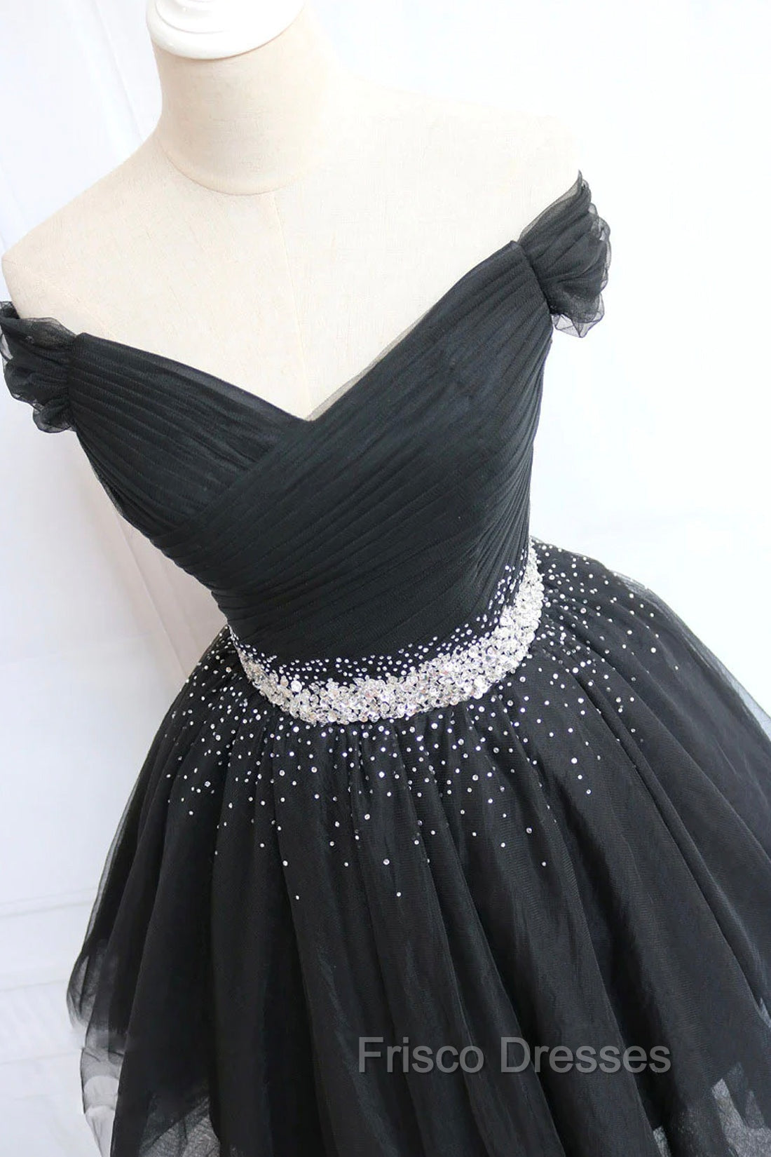 Black Tulle Beaded Short Formal Prom Dress, Off Shoulder Evening Party Dress