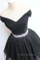 Black Tulle Beaded Short Formal Prom Dress, Off Shoulder Evening Party Dress