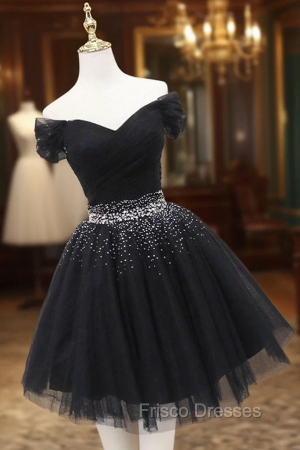 Black Tulle Beaded Short Formal Prom Dress, Off Shoulder Evening Party Dress