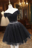Black Tulle Beaded Short Formal Prom Dress, Off Shoulder Evening Party Dress