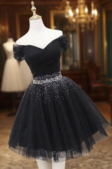 Black Tulle Beaded Short Formal Prom Dress, Off Shoulder Evening Party Dress