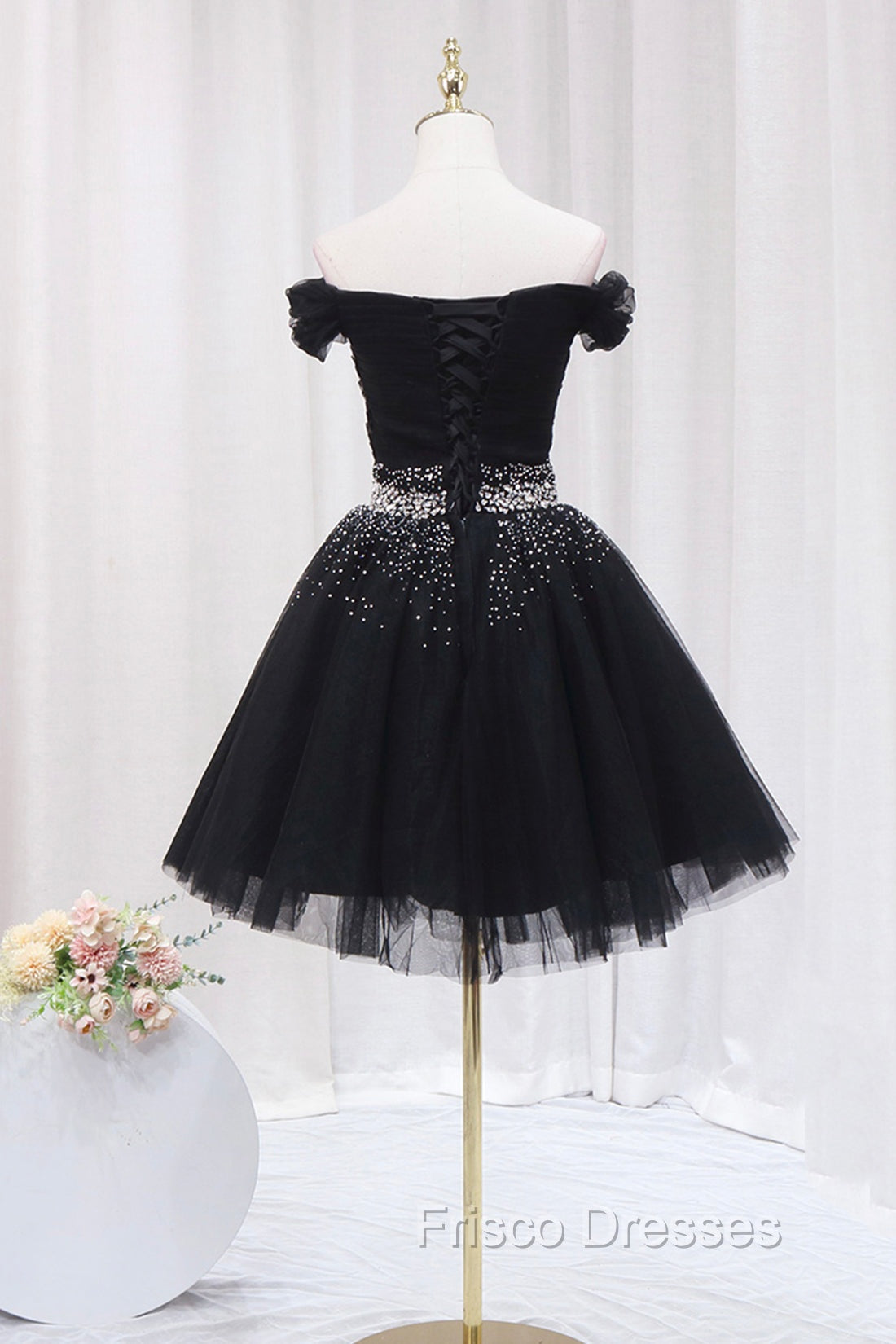 Black Tulle Beaded Short Formal Prom Dress, Off Shoulder Evening Party Dress