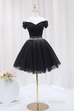 Black Tulle Beaded Short Formal Prom Dress, Off Shoulder Evening Party Dress