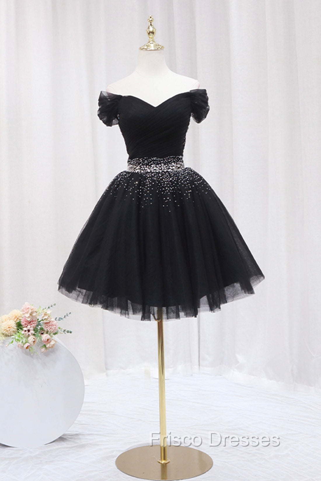 Black Tulle Beaded Short Formal Prom Dress, Off Shoulder Evening Party Dress