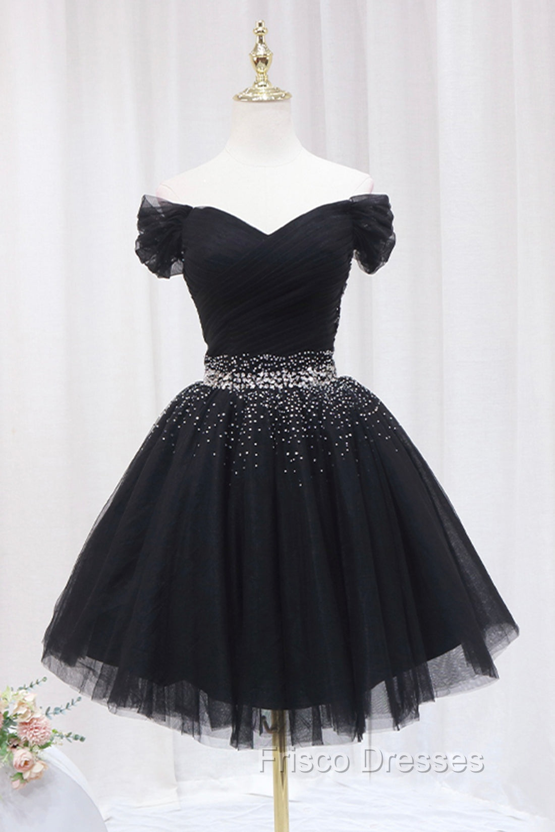 Black Tulle Beaded Short Formal Prom Dress, Off Shoulder Evening Party Dress Main image