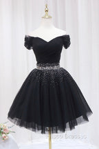 Black Tulle Beaded Short Formal Prom Dress, Off Shoulder Evening Party Dress