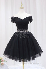 Black Tulle Beaded Short Formal Prom Dress, Off Shoulder Evening Party Dress
