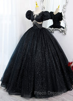 Black Tulle Beaded Short Sleeves Formal Prom Dress, Black Tulle Formal Dress