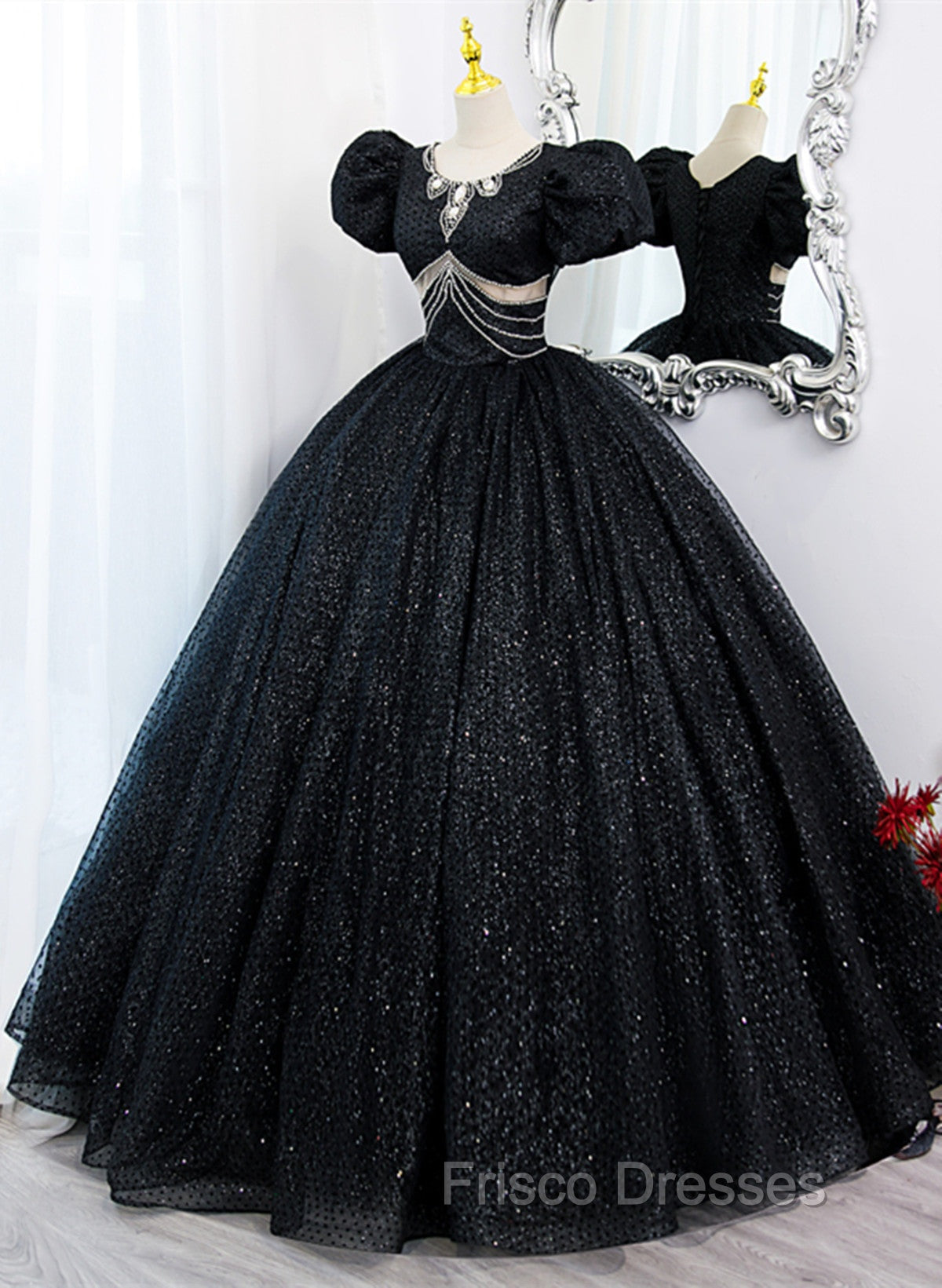 Black Tulle Beaded Short Sleeves Formal Prom Dress, Black Tulle Formal Dress