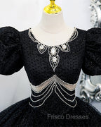 Black Tulle Beaded Short Sleeves Formal Prom Dress, Black Tulle Formal Dress