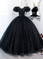 Black Tulle Beaded Short Sleeves Formal Prom Dress, Black Tulle Formal Dress