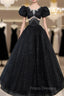Black Tulle Beaded Short Sleeves Formal Prom Dress, Black Tulle Formal Dress