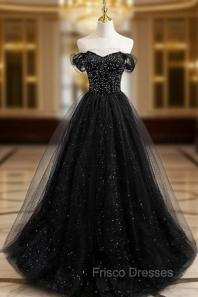 Black Tulle Beading Off the Shoulder Formal Prom Dress