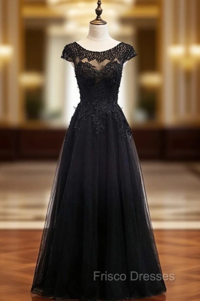 Black Tulle Cap Sleeve Appliques Beading Formal Prom Dress