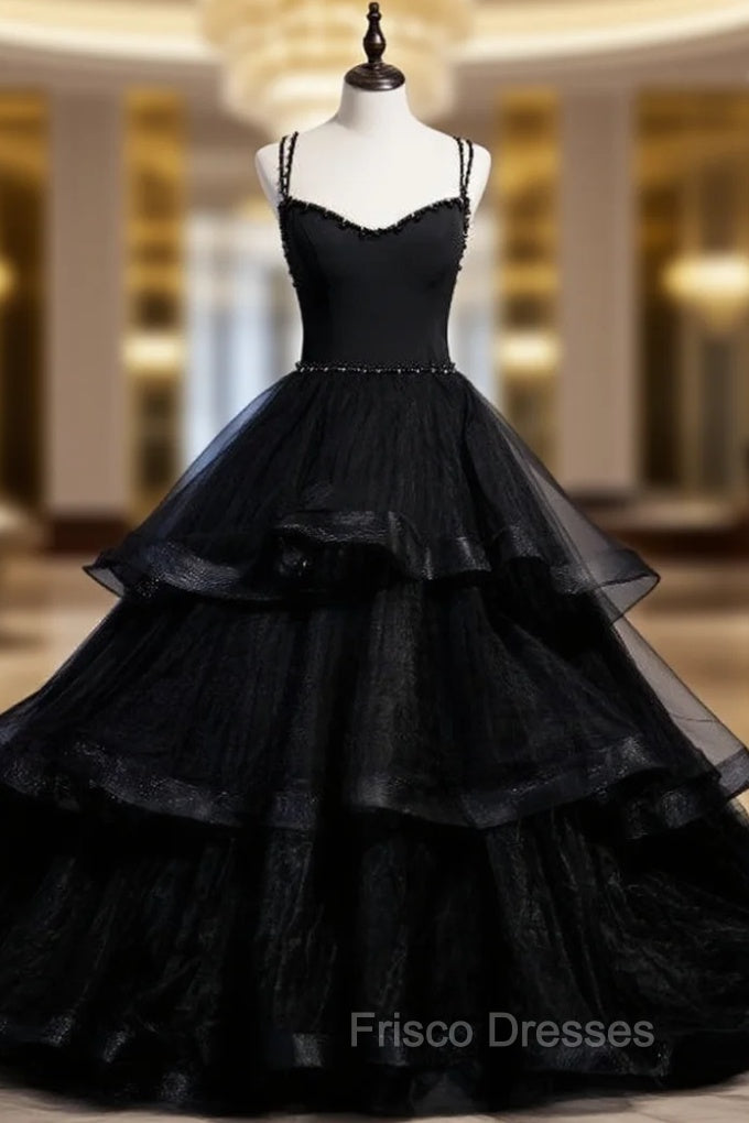 Black Tulle Double Straps Beading Formal Prom Dress Main image