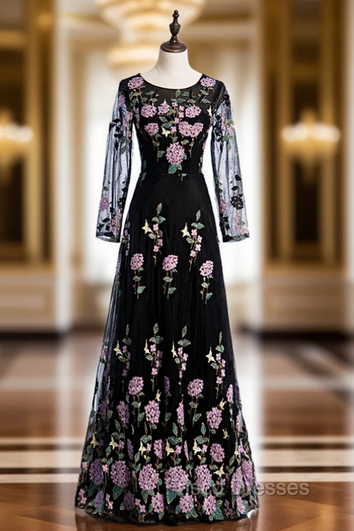 Black Tulle Embroidery Long Sleeve Scoop Formal Prom Dress Main image