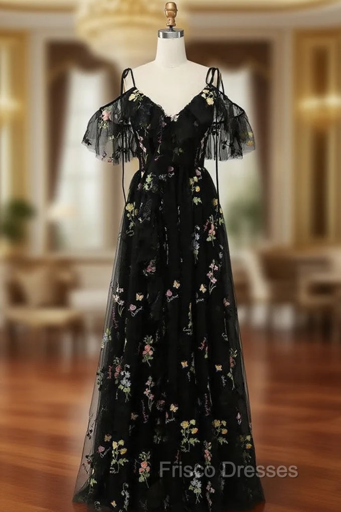 Black Tulle Embroidery Straps Formal Prom Dress
