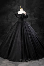 Black Tulle Floor Length A-Line Formal Prom Dress, Off the Shoulder Evening Party Dress
