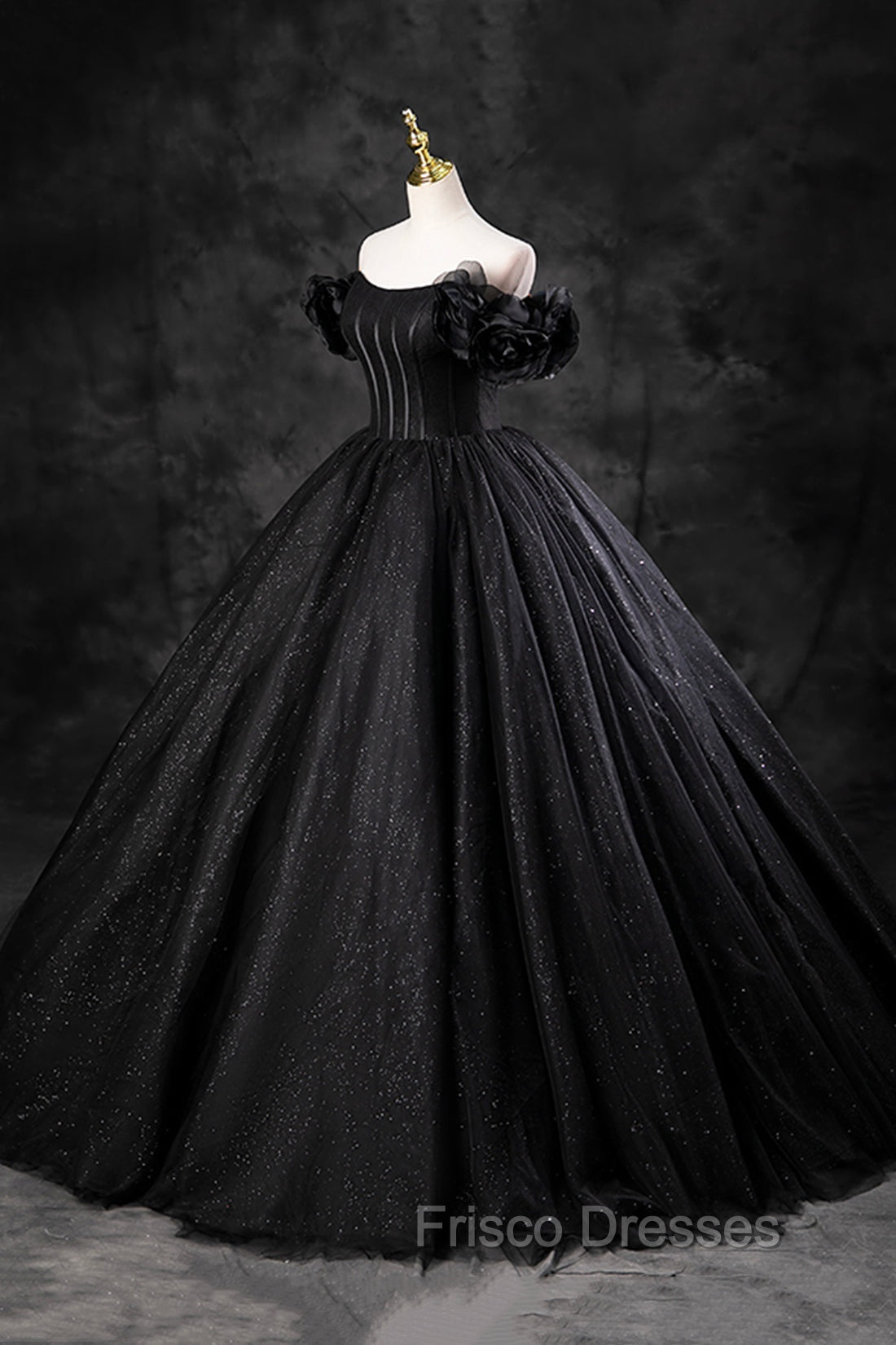 Black Tulle Floor Length A-Line Formal Prom Dress, Off the Shoulder Evening Party Dress
