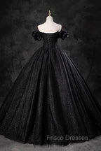 Black Tulle Floor Length A-Line Formal Prom Dress, Off the Shoulder Evening Party Dress