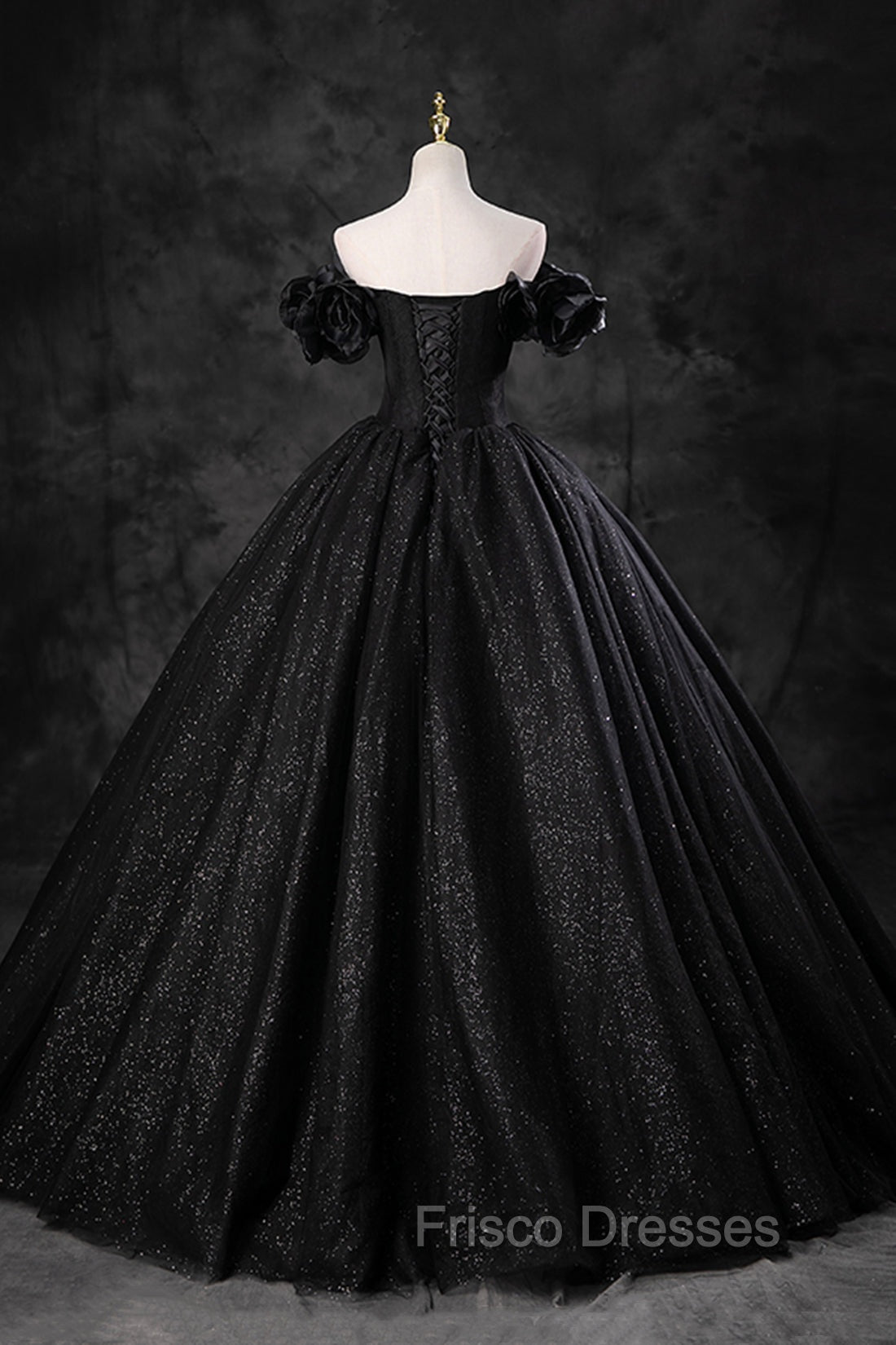 Black Tulle Floor Length A-Line Formal Prom Dress, Off the Shoulder Evening Party Dress