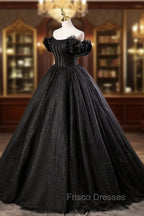 Black Tulle Floor Length A-Line Formal Prom Dress, Off the Shoulder Evening Party Dress