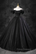 Black Tulle Floor Length A-Line Formal Prom Dress, Off the Shoulder Evening Party Dress