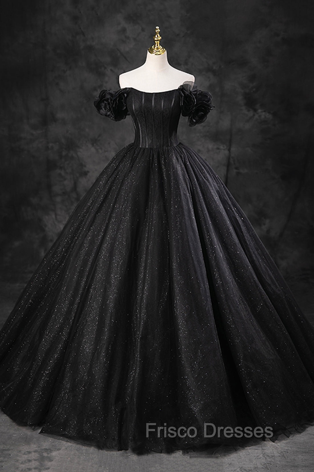 Black Tulle Floor Length A-Line Formal Prom Dress, Off the Shoulder Evening Party Dress