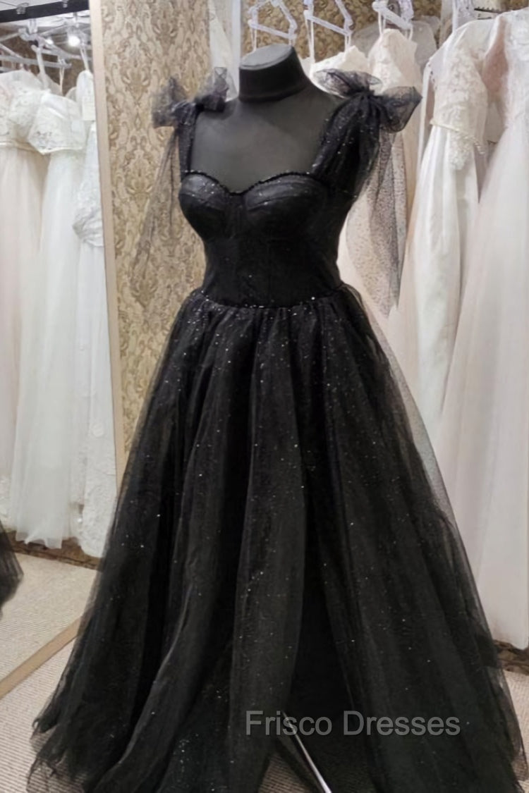 Black Tulle Floor Length Long Party Dress with Slit, Black Evening Dress Main image