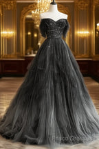 Black Tulle Gradient Long Party Dress With Beadings, Black Formal Dress Formal Prom Dress