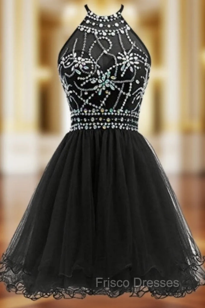 Black Tulle Halter Backless With Crystal Homecoming Dress