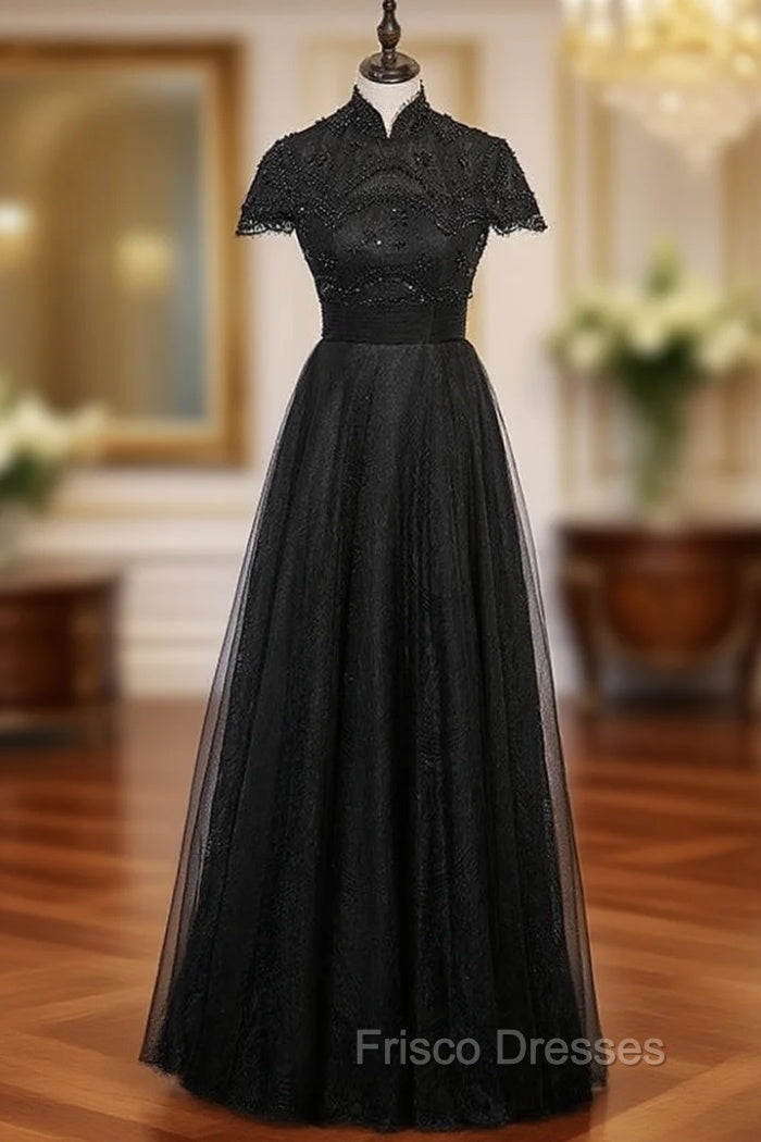 Black Tulle High Neck Cap Sleeve Beading Formal Prom Dress Main image