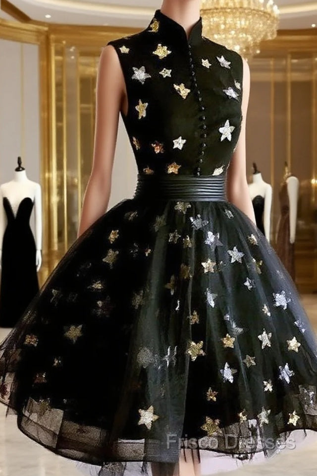 Black Tulle High Neckline Short Homecoming Dress, Black Short Formal Prom Dress Main image