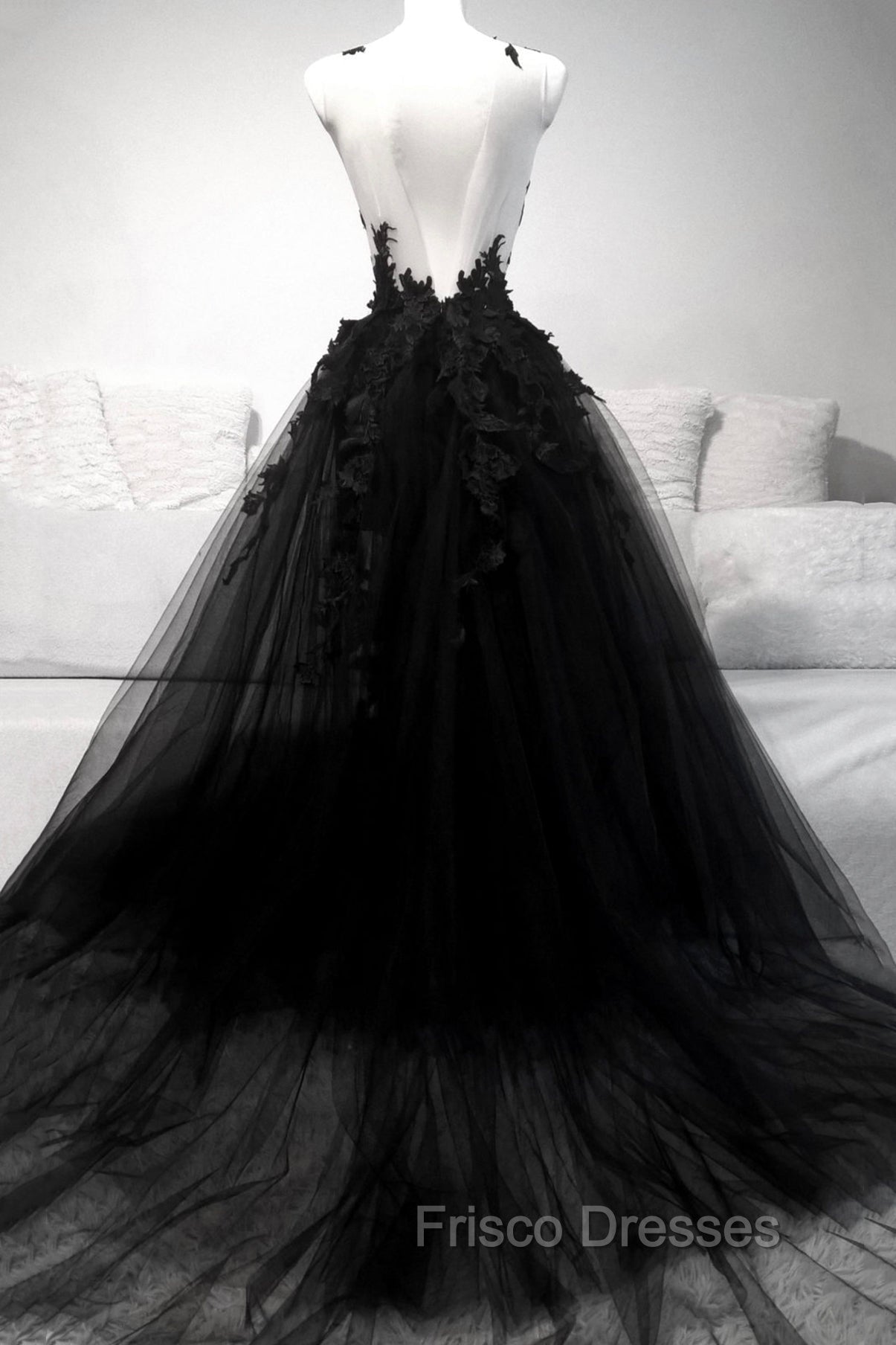 Black Tulle Lace Long A-Line Formal Prom Dress, Black V-Neck Evening Dress