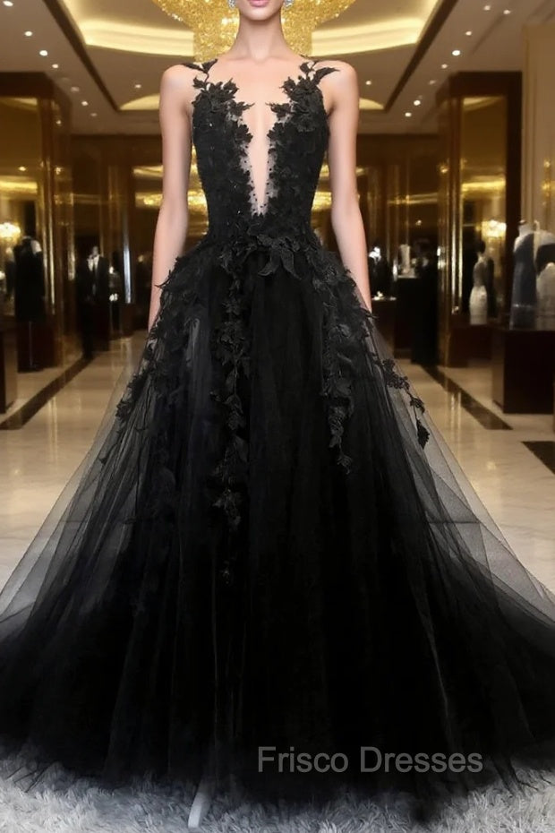 Black Tulle Lace Long A-Line Formal Prom Dress, Black V-Neck Evening Dress Main image