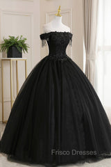 Black Tulle Lace Long Formal Prom Dress, Black A-Line Evening Gown