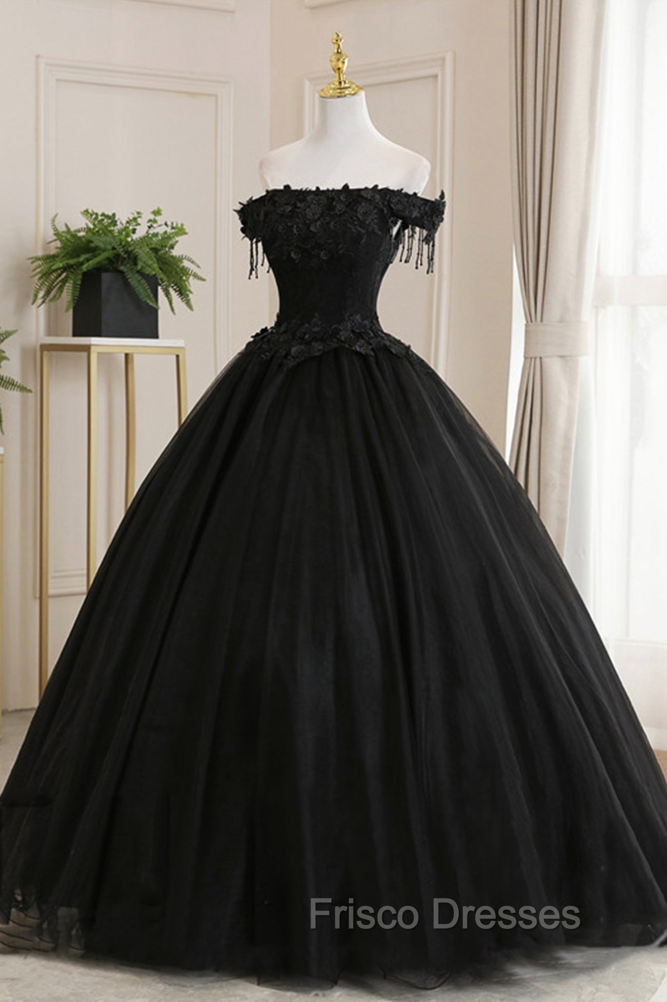 Black Tulle Lace Long Formal Prom Dress, Black A-Line Evening Gown