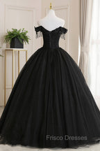 Black Tulle Lace Long Formal Prom Dress, Black A-Line Evening Gown