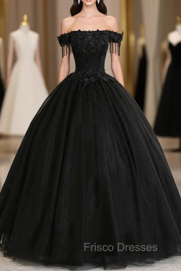 Black Tulle Lace Long Formal Prom Dress, Black A-Line Evening Gown Main image