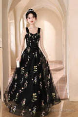 Black Tulle Lace Long Prom Dress, Black A-Line Off The Shoulder Evening Party Dress