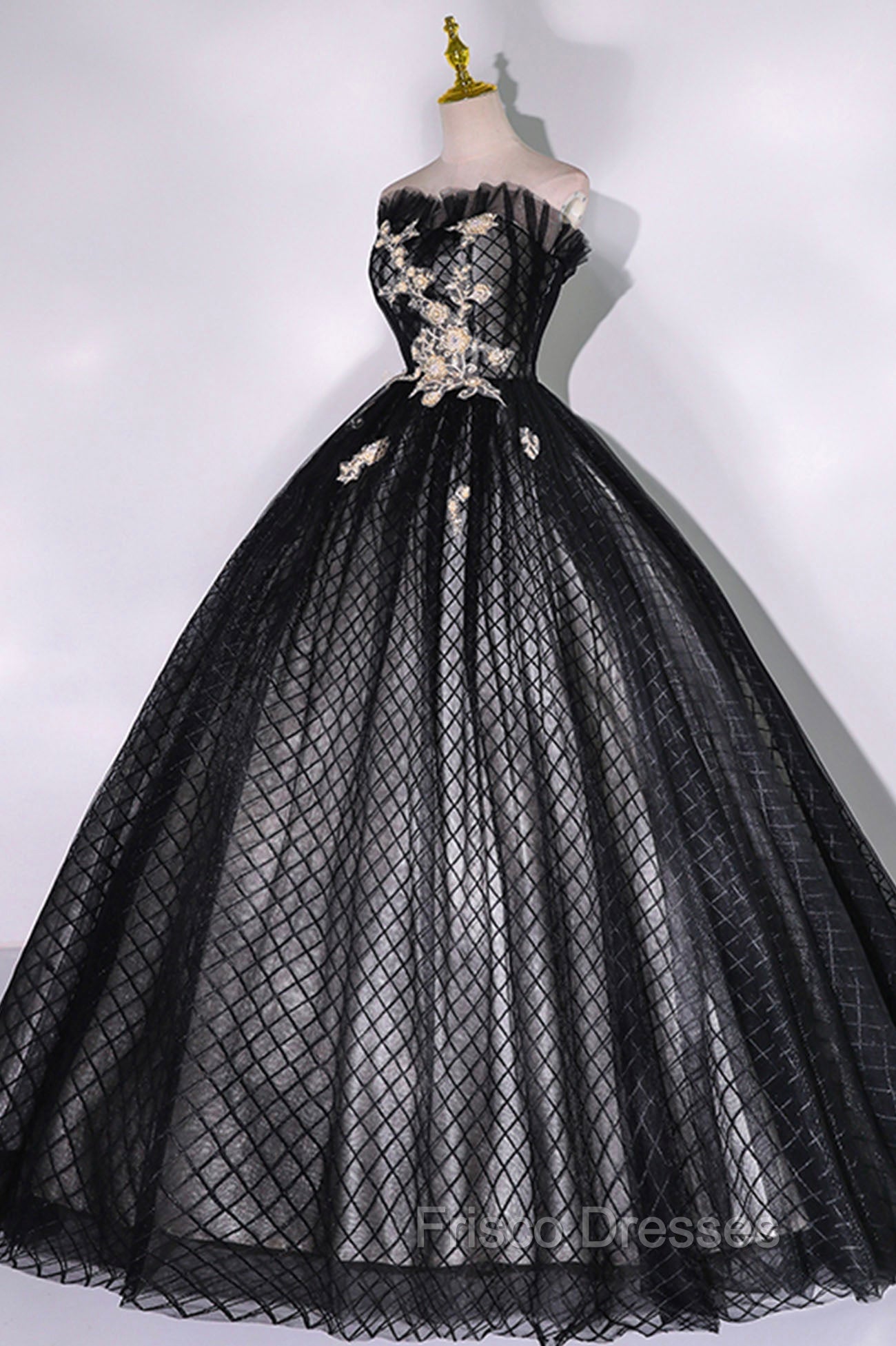 Black Tulle Lace Long Formal Prom Dress, Black A-Line Strapless Evening Gown Secondary image