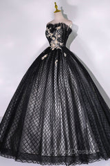 Black Tulle Lace Long Formal Prom Dress, Black A-Line Strapless Evening Gown