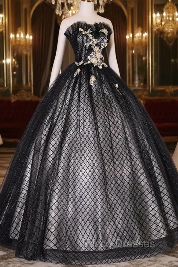 Black Tulle Lace Long Formal Prom Dress, Black A-Line Strapless Evening Gown
