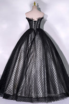 Black Tulle Lace Long Formal Prom Dress, Black A-Line Strapless Evening Gown