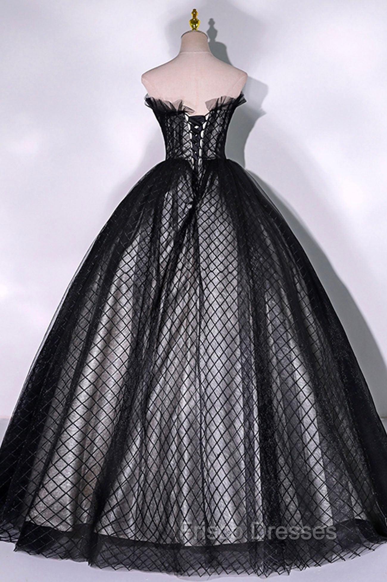 Black Tulle Lace Long Formal Prom Dress, Black A-Line Strapless Evening Gown