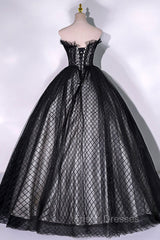 Black Tulle Lace Long Formal Prom Dress, Black A-Line Strapless Evening Gown