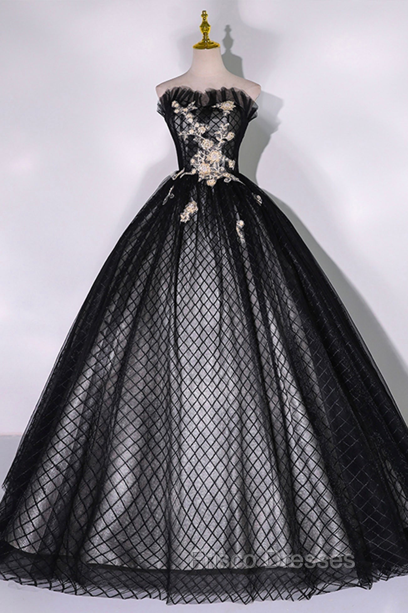 Black Tulle Lace Long Formal Prom Dress, Black A-Line Strapless Evening Gown Main image