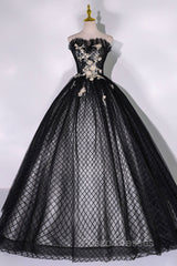 Black Tulle Lace Long Formal Prom Dress, Black A-Line Strapless Evening Gown